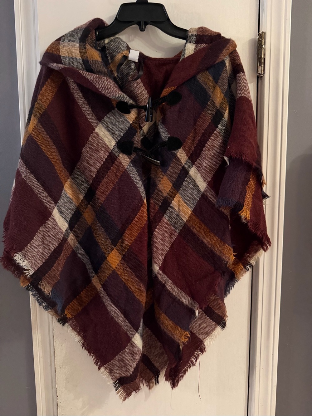 Plaid Hooded Poncho Wrap in Burgundy